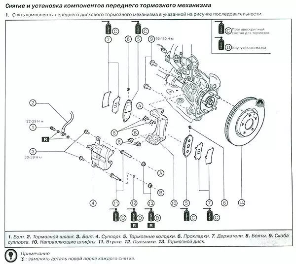 Снятие и установка компонентов переднего тормоза.